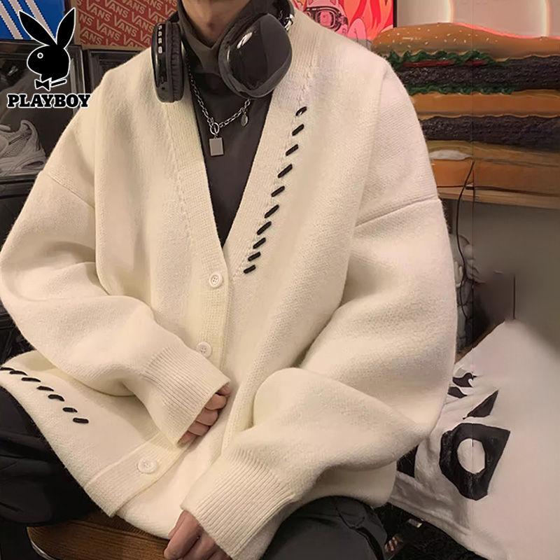 花花公子V领开衫毛衣男士秋冬季青少年潮牌宽松休闲白色针织外套