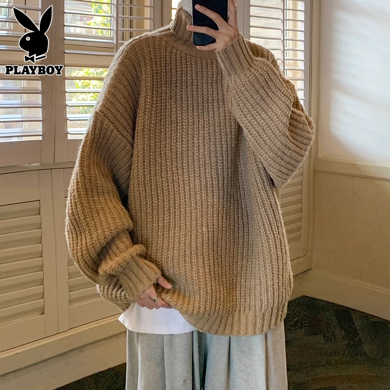 花花公子高领毛衣男士冬季新款韩版加厚针织衫秋冬款慵懒复古外套