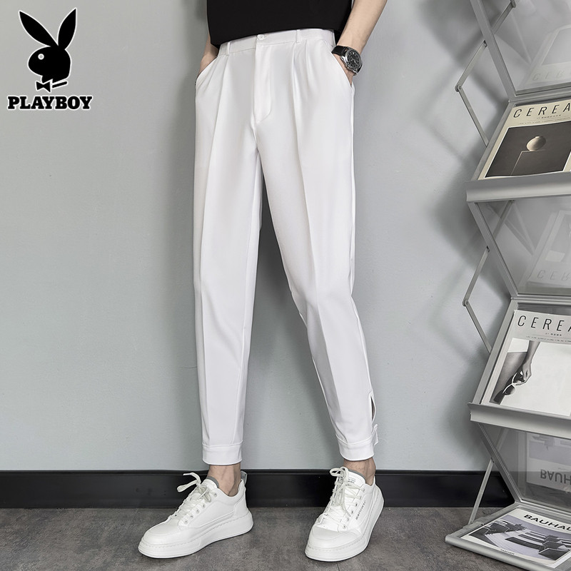 花花公子男士休闲裤修身小脚裤潮流夏季新薄款白色九分西装长裤子