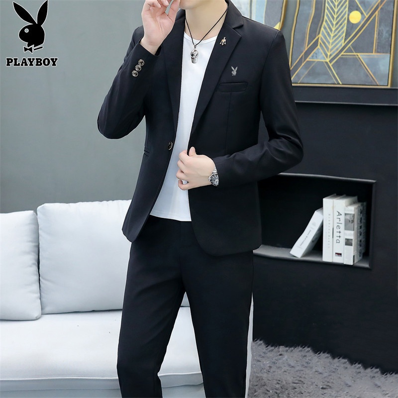 花花公子西服套装男士秋季商务西装外套黑色职业正装新郎结婚礼服