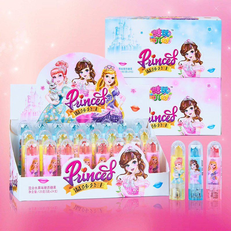 创意闪光温莎公主口红糖水果味唇膏造型棒棒糖小零食儿童趣味玩具