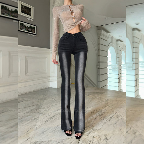 复古磨白提臀微喇牛仔裤丰胯裤