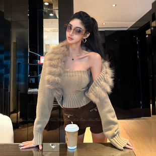 针织抹胸套装 狐狸毛开衫 女秋冬慵懒辣妹两件套 冬日氛围感 HELEN