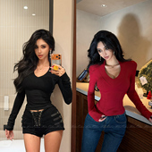 HELEN 百搭显瘦上衣 深V正肩磨绒T恤女经典 沙漏身材 立体收腰骨线