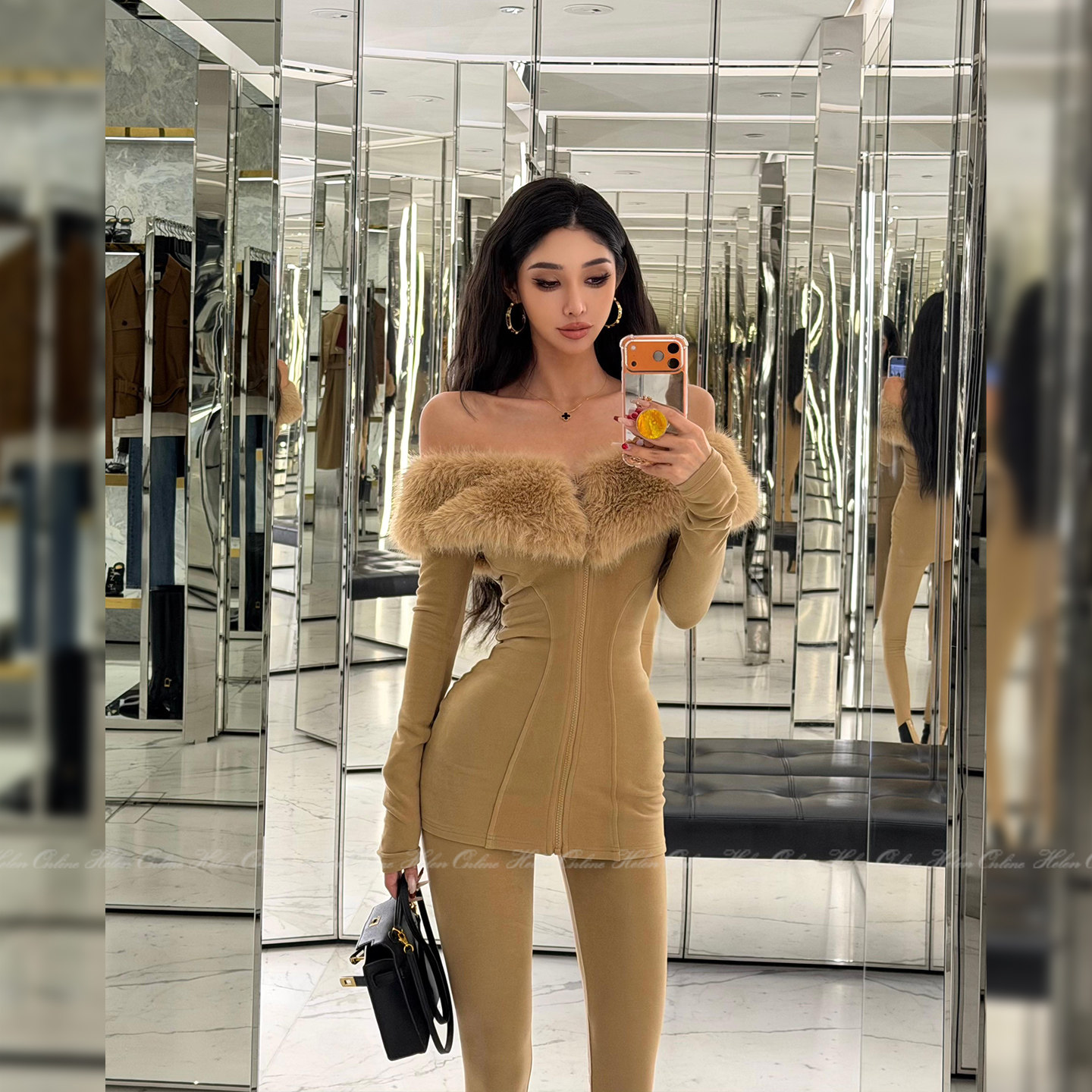 HELEN"莱赛尔暖姜绒"氛围感两件套女毛领露肩包臀开衫小脚裤套装,女装/女士精品,时尚套装,淘宝优惠券,粉丝福利购,淘宝优惠卷