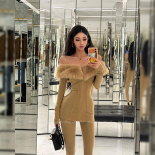 套装 HELEN 小脚裤 氛围感两件套女毛领露肩包臀开衫 莱赛尔暖姜绒