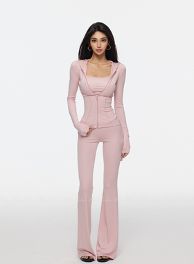 HELEN/冰感高级显瘦运动套装女连帽拉链外套吊带微喇裤休闲三件套