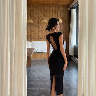 HELEN▶▶双面维纳斯 美背连衣裙V领无袖针织裙显瘦绑带包臀裙