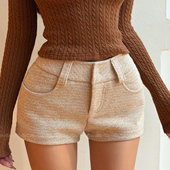 女百搭显瘦磨绒亮片毛呢靴裤 HELEN 小香老钱感中低腰绵羊毛短裤