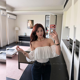 HELEN/韩系温柔荷叶边一字肩针织衫女纯欲显瘦气质小众抹胸上衣