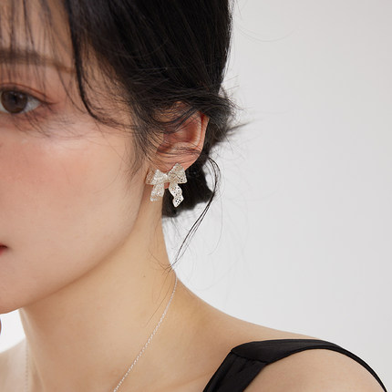 JUNJUNSTUDIO原创设计通体s925银磨砂蕾丝蝴蝶结甜美耳环小众精致