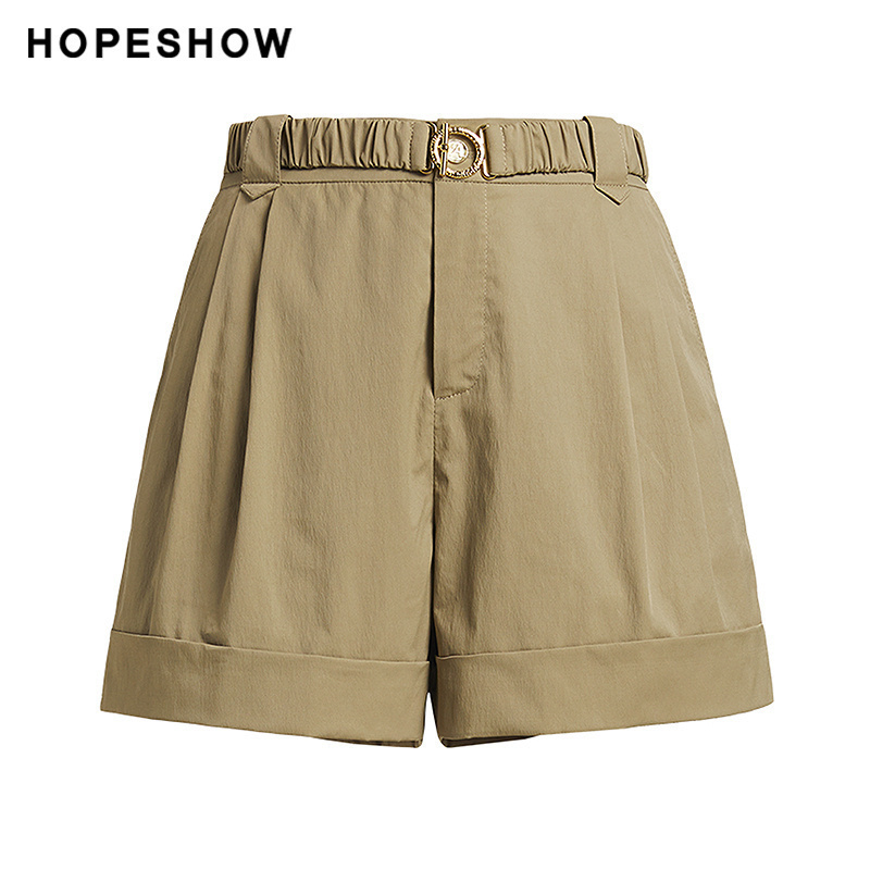 红袖夏款女装纯色工装翻边A字短裤