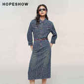 日常价 红袖 秋新款 女装 复古后开叉翻领套头牛仔连衣