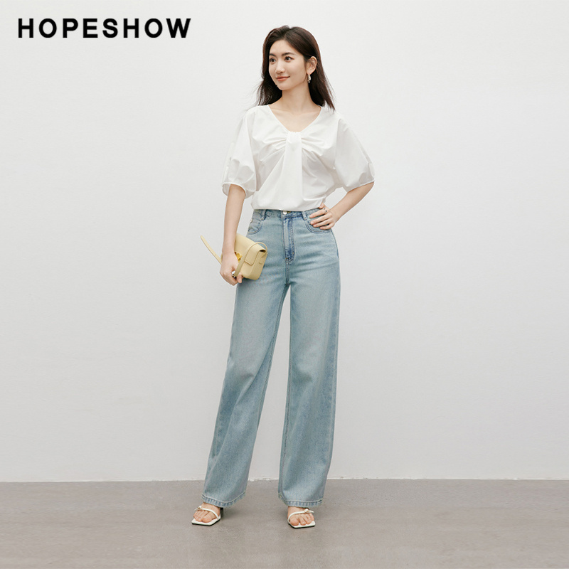 红袖夏新款女装水洗中高腰一粒扣直筒牛仔裤