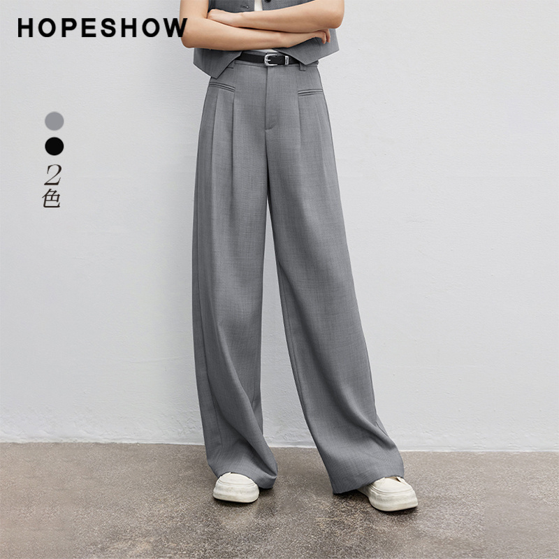 红袖秋季新款女装压褶中高腰宽松阔腿长裤