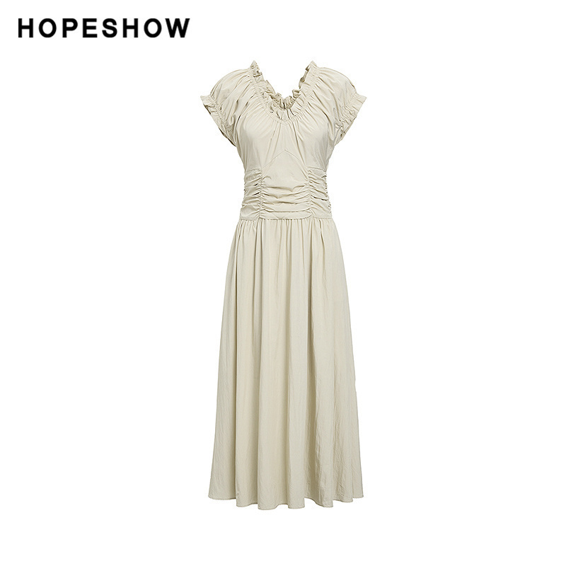 红袖秋款女装木耳边松紧连肩袖V领连衣裙