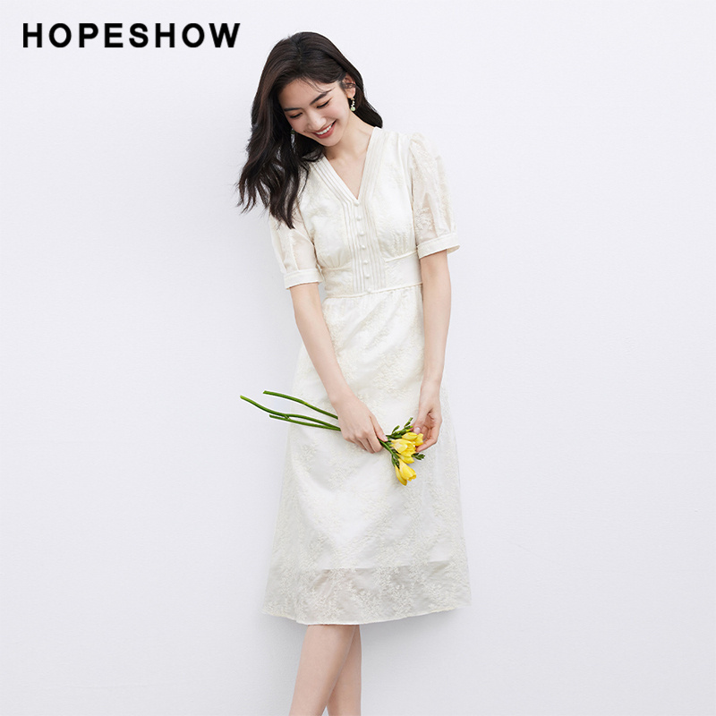 红袖夏新款女装松紧收腰V领套头连衣裙