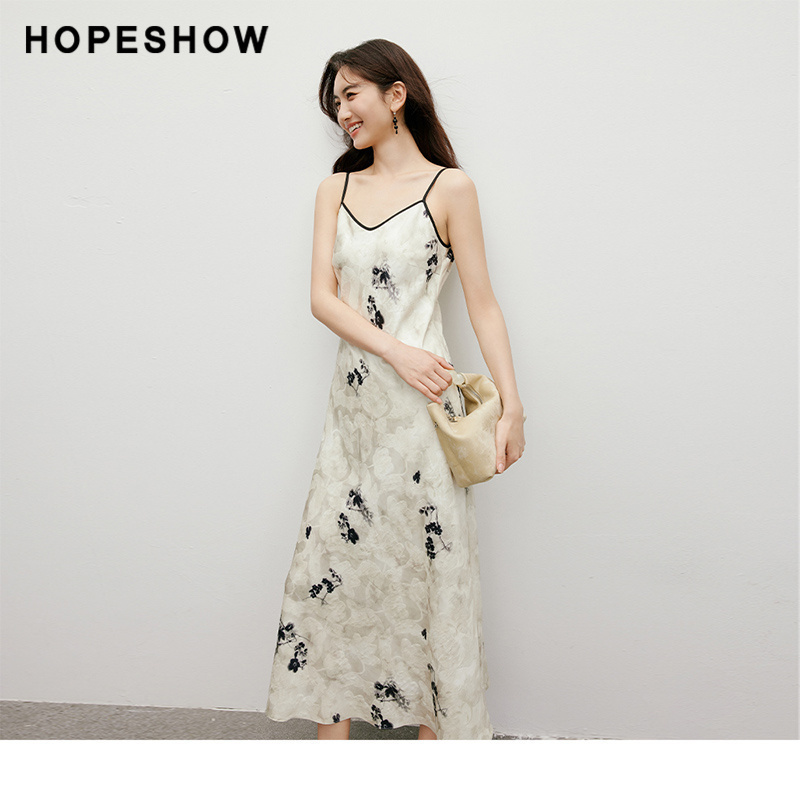 红袖秋新款女装【墨影生花】V领吊带印花裙