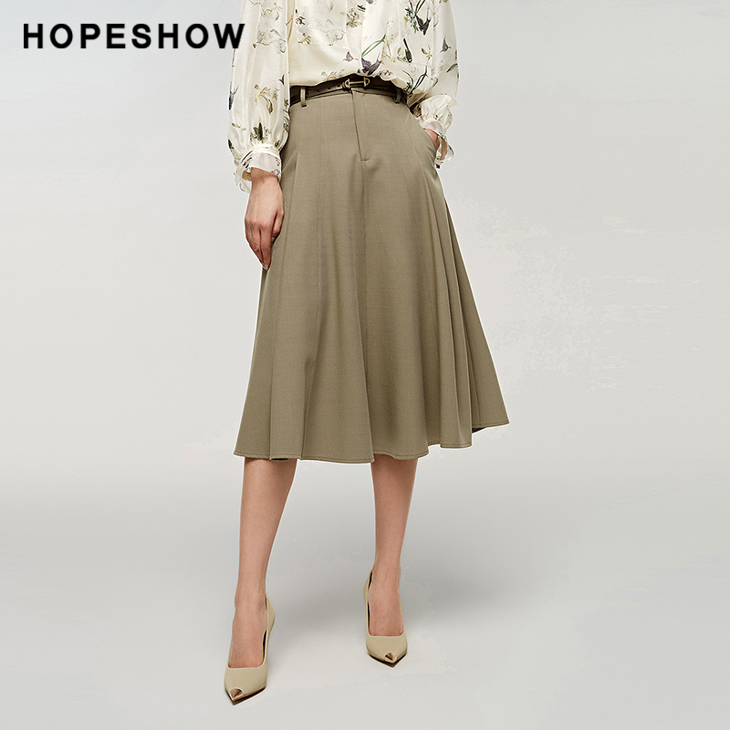 【清仓】红袖2024秋新款女装压褶伞摆拼接宽腰半身裙