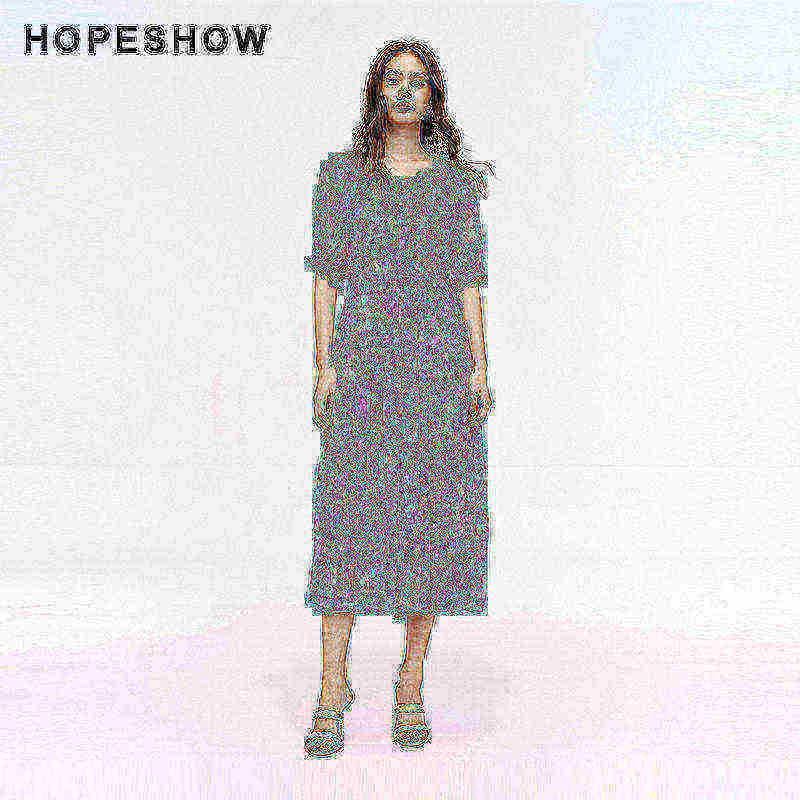 【日常价】红袖夏新款女装印花收腰圆领套头连衣裙