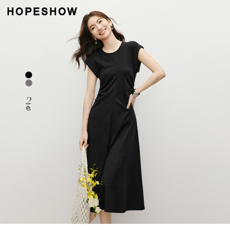 【日常价】红袖夏新款女装纯色压褶收腰圆领套头连衣裙