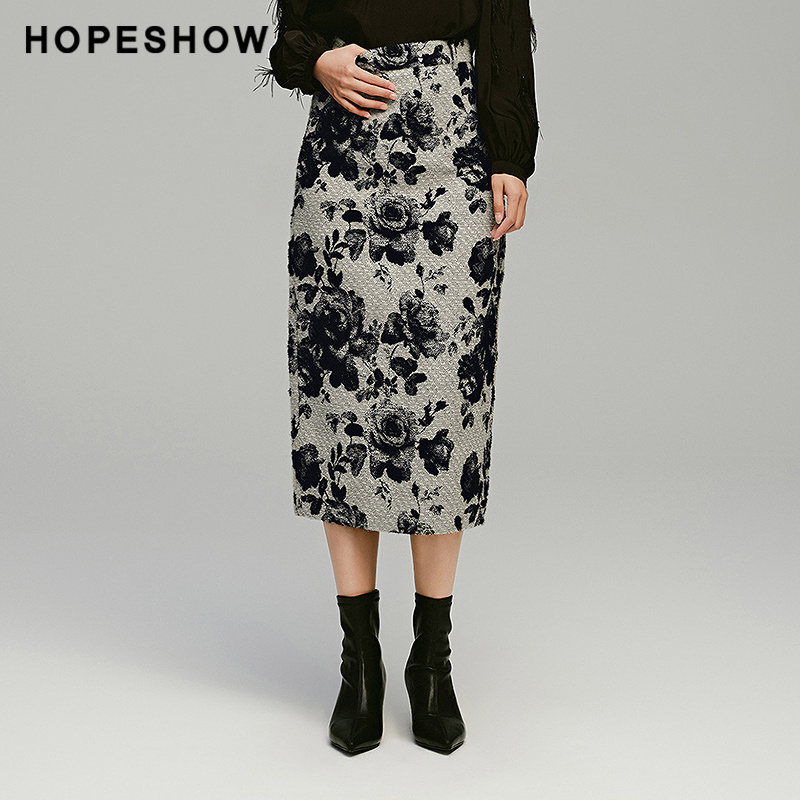 【日常价】红袖冬新款女装花朵提花侧拉开叉直筒半身裙