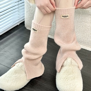 秋冬款 羊毛粉色袜套女小众开衩布标设计感微喇堆堆腿套奶白小腿
