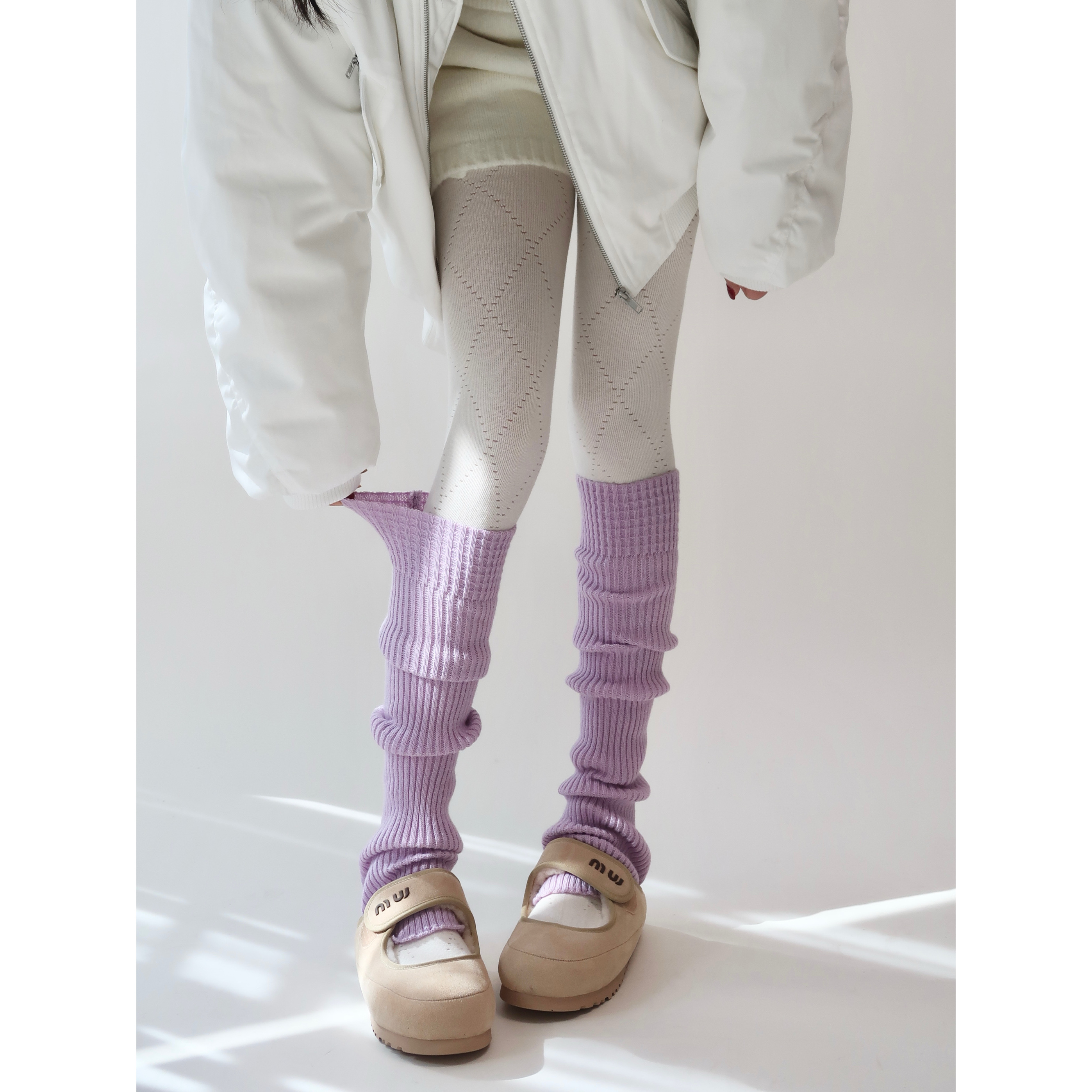 陆甜茶高级慵懒风紫色瑜伽小腿袜套叠穿保暖堆堆腿套毛线针织中筒