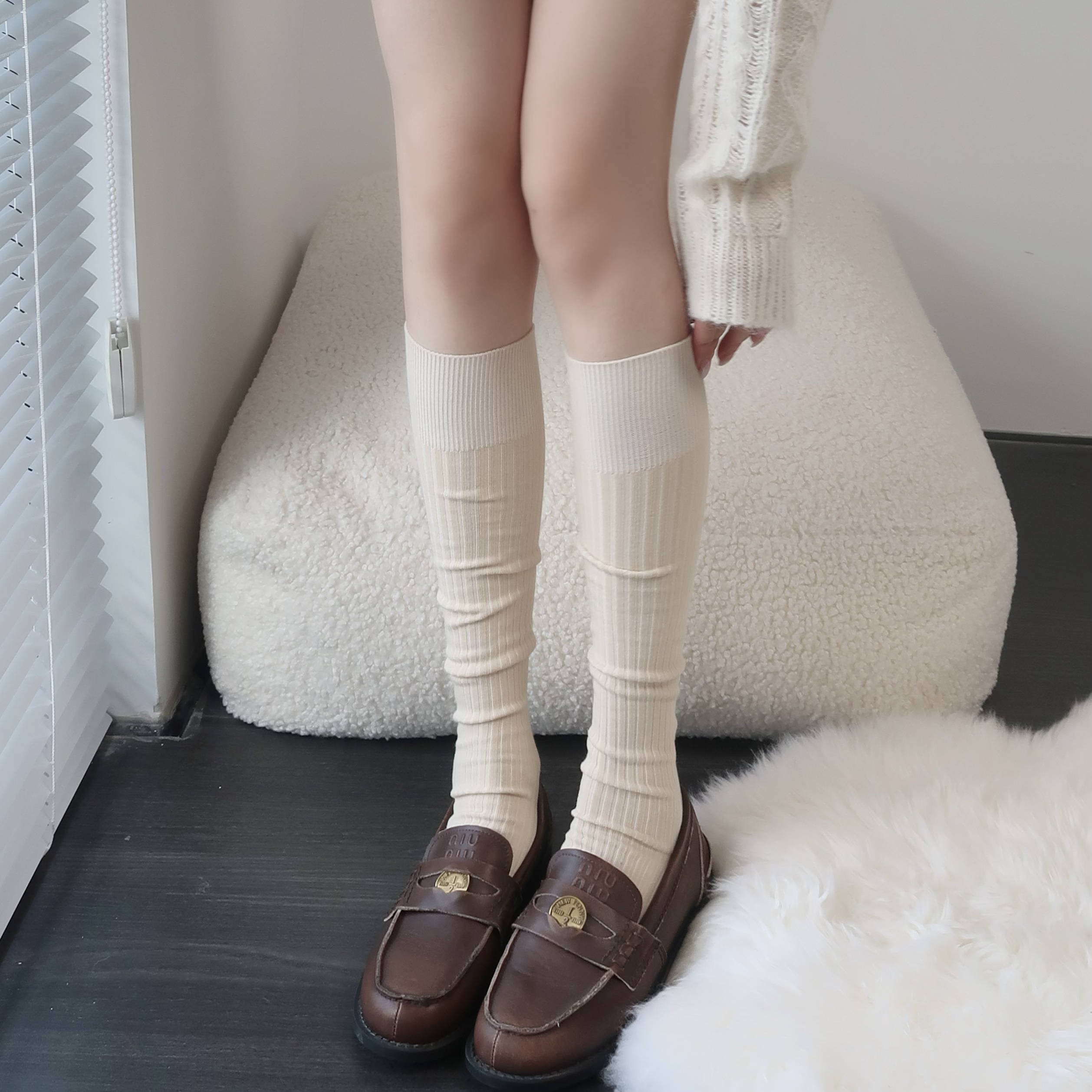 陆甜茶白色袜子女春秋小腿袜纯棉长筒袜子堆堆袜过膝高筒靴袜