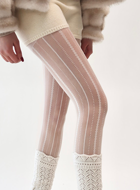 陆甜茶复古麻花条纹蕾丝白色女士丝袜春秋款天鹅绒防勾丝连裤袜