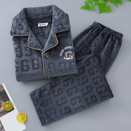 中年男冬季提花珊瑚绒家居服套装