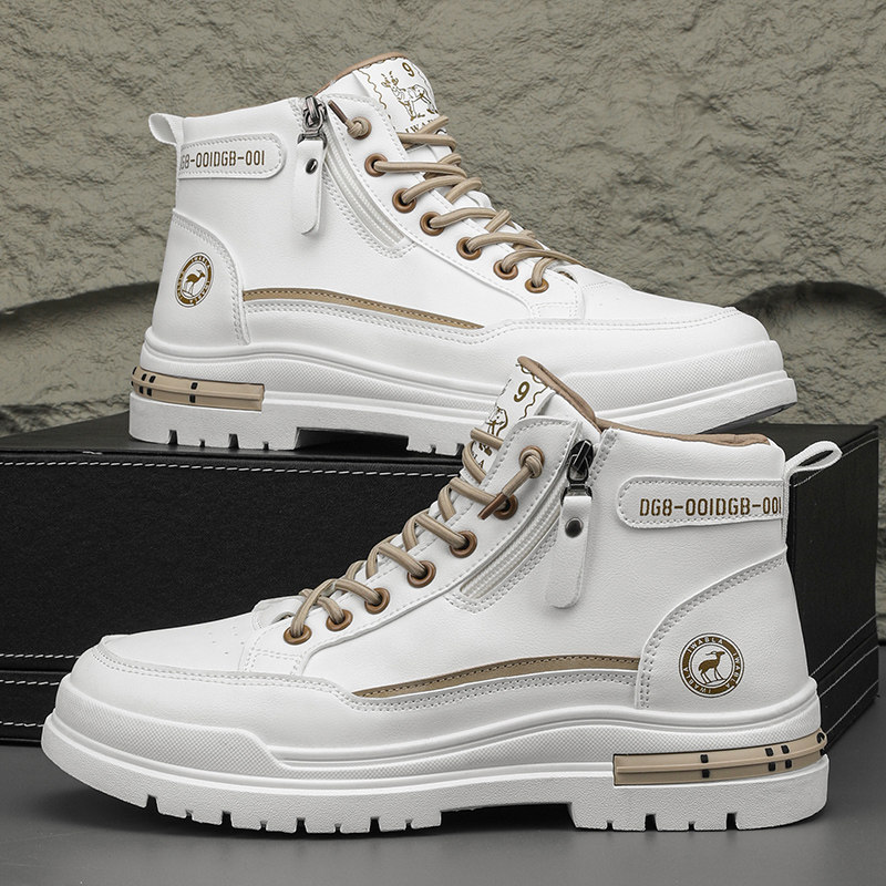高帮男鞋夏季休闲运动英伦风工装鞋青少年潮流皮面白色机车马丁靴,流行男鞋,高帮鞋,淘宝优惠券,粉丝福利购,淘宝优惠卷