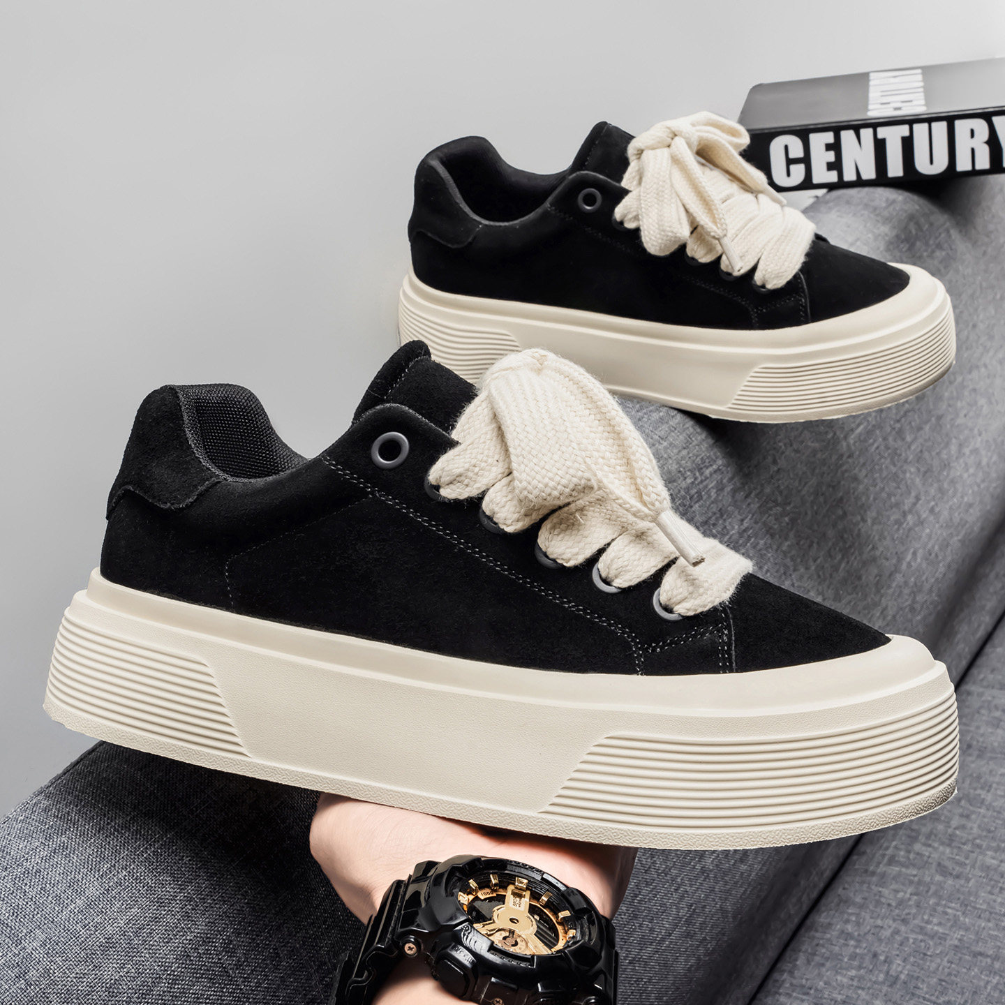 男鞋2026新款冬季复古百搭厚底板鞋学生黑色舒适休闲运动增高潮鞋,流行男鞋,单鞋,淘宝优惠券,粉丝福利购,淘宝优惠卷