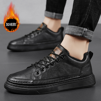 男鞋冬季加绒加厚保暖一脚蹬黑色棉鞋青少年休闲运动工作皮面板鞋