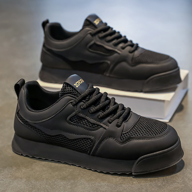 男鞋夏季小众网面透气百搭休闲工作板鞋青少年运动黑色厚底劳保鞋,流行男鞋,单鞋,淘宝优惠券,粉丝福利购,淘宝优惠卷