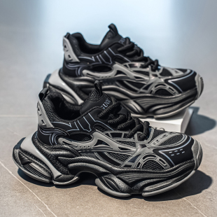 黑色炸街厚底增高老爹鞋 男鞋 网面透气百搭休闲运动鞋 冬季 2025新款