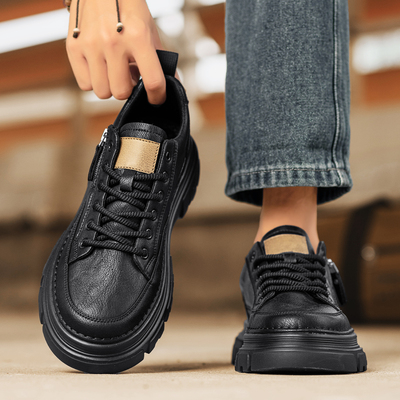 皮鞋男款冬季黑色工装休闲运动厚底增高板鞋后厨防滑防水厨师潮鞋