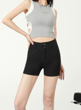弹力针织软牛仔短裤女夏季薄款黑色高腰显瘦高弹力三分紧身热裤