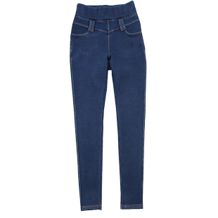 高弹加绒加厚针织软牛仔裤女高腰小脚修身2026冬季松紧腰紧身靴裤