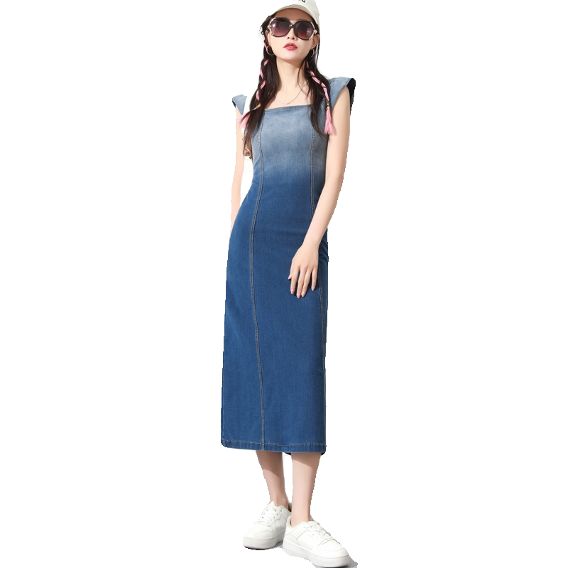 针织软长款牛仔吊带连衣裙女