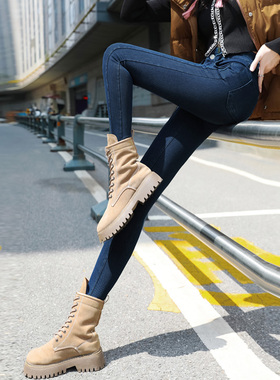 高弹力小脚牛仔裤女高腰修身加绒秋冬软薄绒紧身长裤铅笔九分靴裤