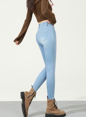 高弹力针织仿牛仔裤女紧身高腰2025秋冬薄绒加绒蜜桃臀九分小脚裤