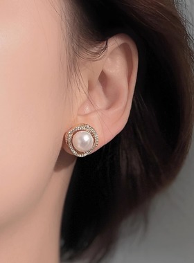 10mm大气经典鸟巢款强光天然淡水珍珠耳钉耳饰秋冬通勤百搭配大衣