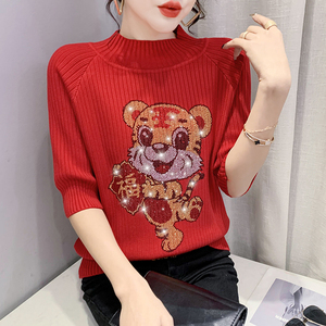 RS49057#冬季新款红色短袖毛衣女半高领新年生肖老虎针织衫半袖上衣潮