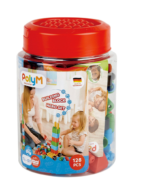 Hape软积木128粒桶装PolyM男女孩宝宝儿童管道大颗粒拼装益智玩具