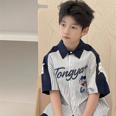 男童条纹翻领短袖衬衫