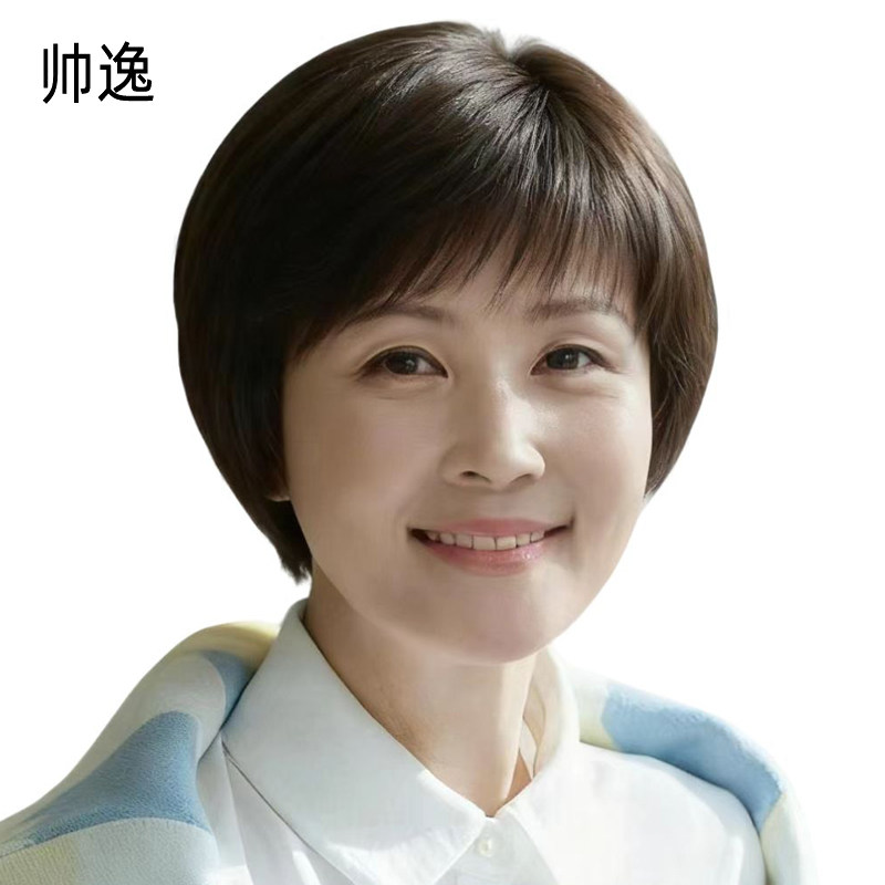 中老年妈妈款 全真发蓬松短发斜刘海手织轻薄款整顶发套气质假发