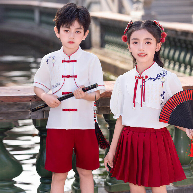 儿童演出服国潮古风盘扣汉服幼儿园班服毕业照服小学生诗歌朗诵服