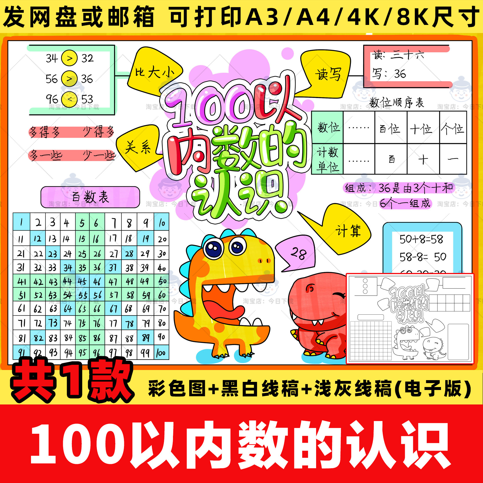 数学一年级下册100以内的认识手抄报小学第四单元百数表电子线稿,商务/设计服务,设计素材/源文件,淘宝优惠券,粉丝福利购,淘宝优惠卷