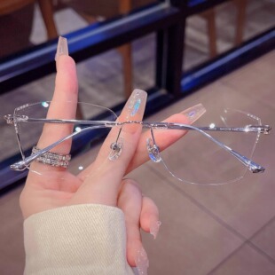 无框眼镜女近视可配有度数纯钛猫眼无边框潮男大框变色防蓝光防雾